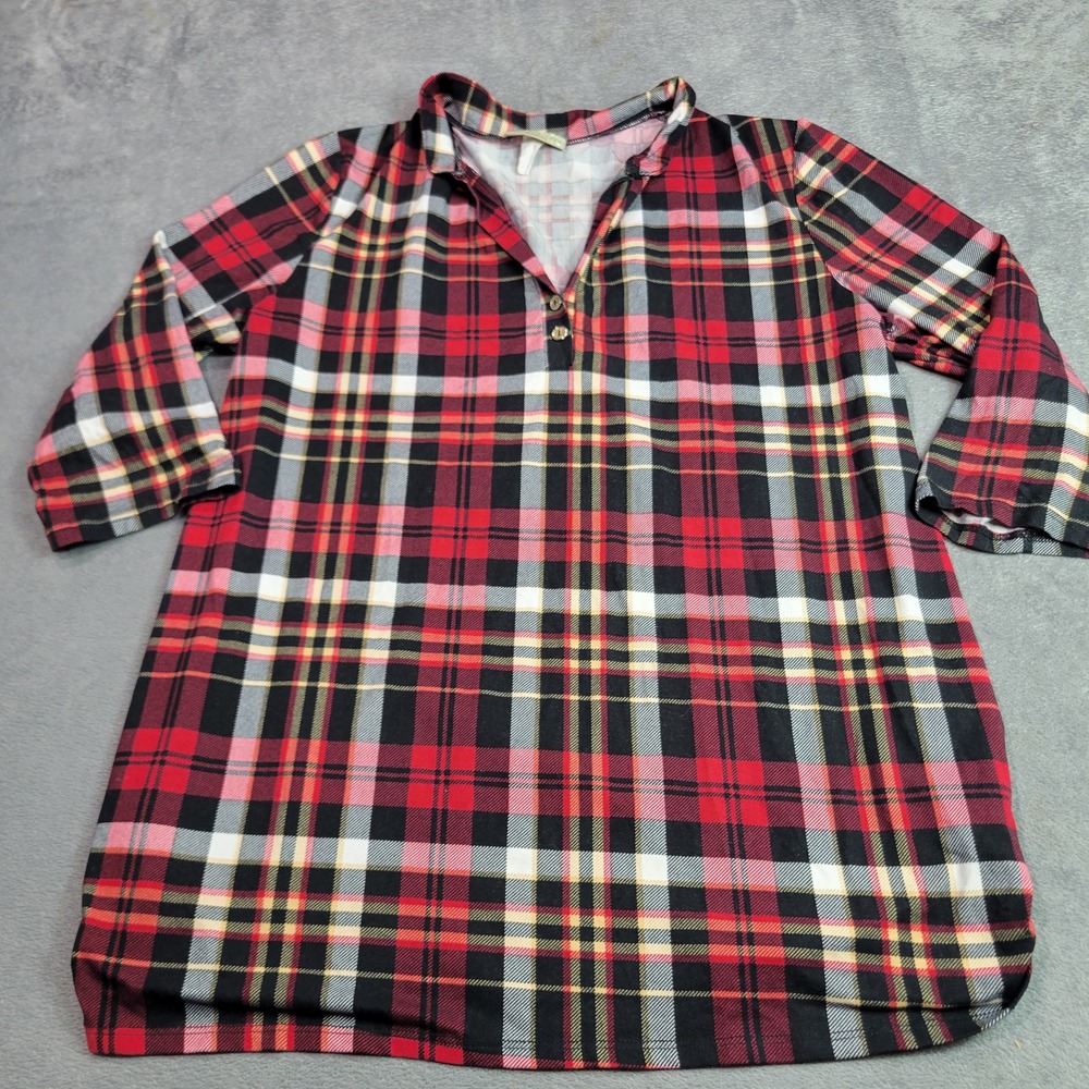 Cupcake‎ Cafe Maternity Top Women L Red Plaid Henley Tunic 3/4 Sleeve Ruched
